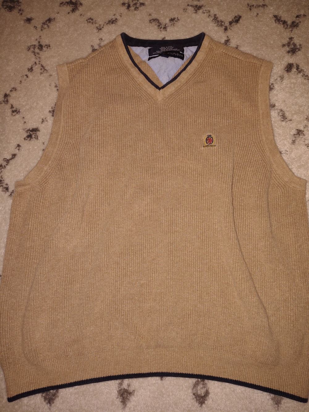 Tommy Hilfiger Tan V-Neck Sweater Vest with Crest